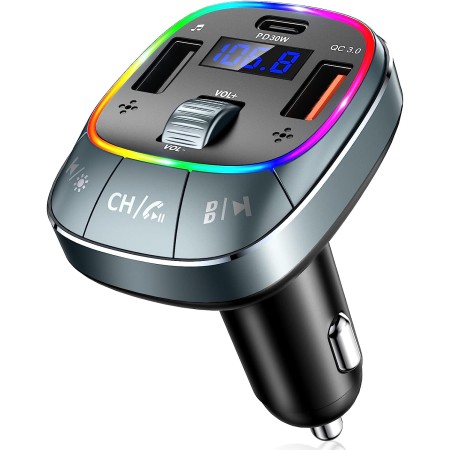 CIRYCASE Bluetooth Car Adapter, [PD 30W+QC 3.0] [Stronger Dual Mic & Bass Boost] Bluetooth 5.0 FM Transmitter for Car, Wireless Radio Adapter Hands-Free Car Kit with Stunning 8 Colors Backlit & U Disk