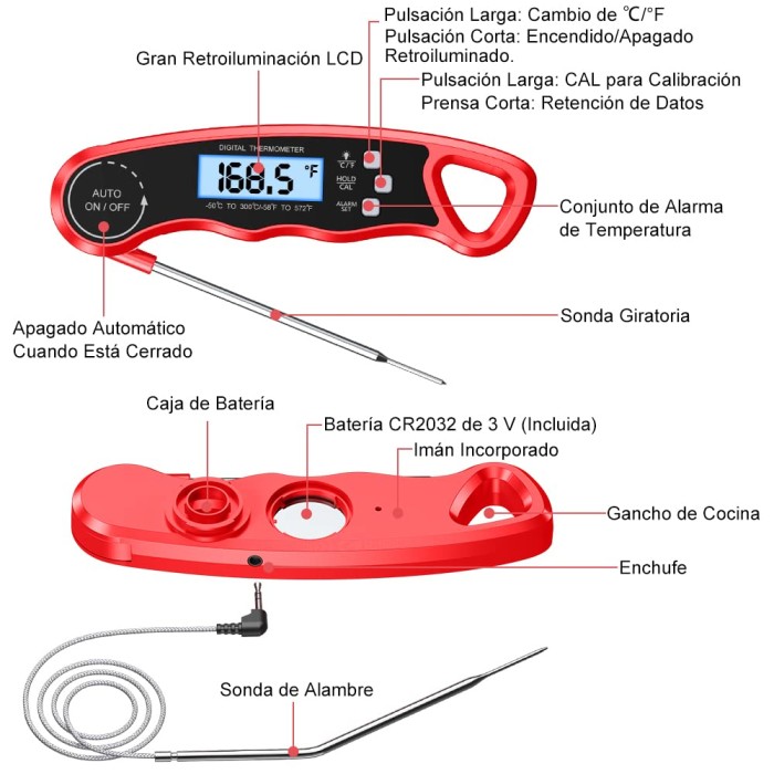 Thermomètre De Cuisine CIRYCASE - Sonde 102cm, Lecture Instantanée, Rétroéclairage LCD, Pour Viande, BBQ, Etc.