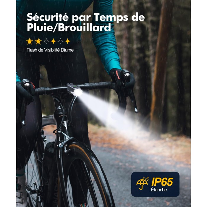 Kit Éclairage Vélo Rechargeable - Phare Avant 3 Modes Et Feu Arrière 6 Modes - IP65 étanche - Feux Latéraux De Sécurité